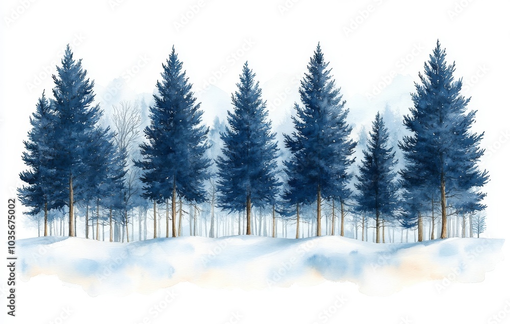 Obraz premium Watercolor illustration of a snowy forest, Christmas fir trees, winter nature, conifers, holiday background, rural landscape, outdoor scene, isolated on white
