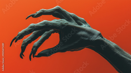 Twisted, gnarled hands claw at the air against a bright orange backdrop, creating a sense of urgency and fear. photo