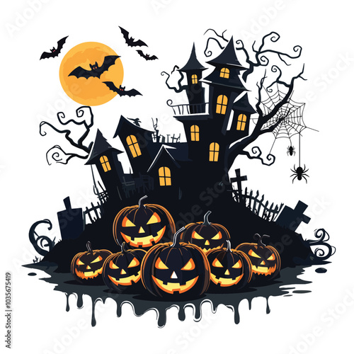 Creepy Halloween Vector Haunted House and Spooky Webs