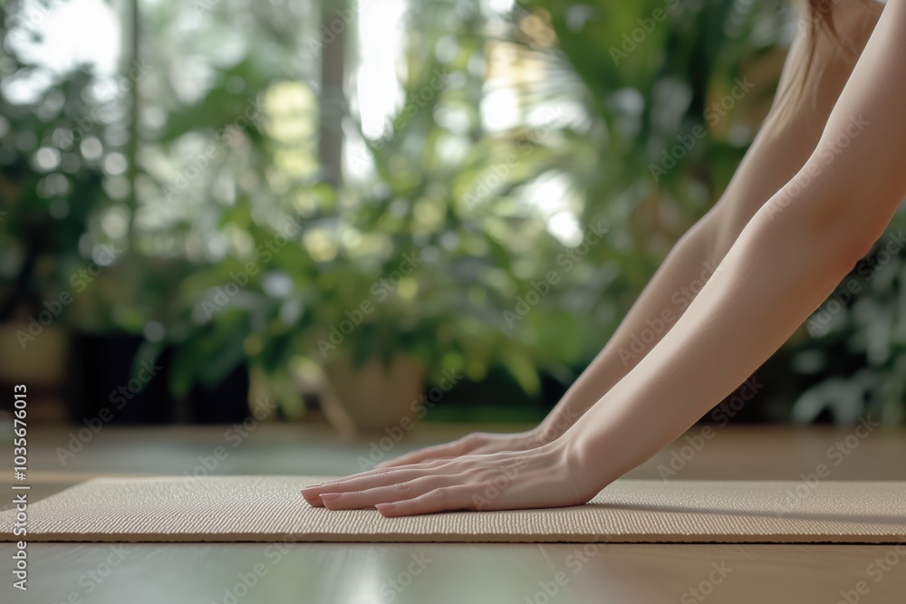 Closeup of woman arms and hands on the beige rubber mat on the floor. Blurry background with a lots of green plants. Woman is doing yoga, exercises or stretches. Fit healthy lifestyle. Closeup of woman arms and hands on the beige rubber mat on the floor. Blurry background with a lots of green plants. Woman is doing yoga, exercises or stretches. Fit healthy lifestyle.