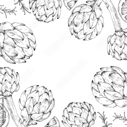 Frame with artichoke, lemon, pepper and rosemary hand drawn with ink. Black and white vector illustration with vegetables. Template for label design, vegetarian menu design in a restaurant.