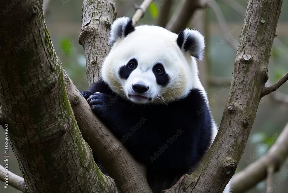 Obraz premium Panda climbing a tree A panda climbing a tree with a determined