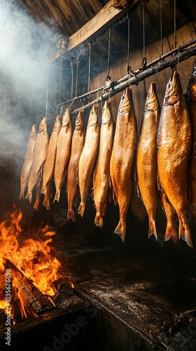 Smoked Salmon Hanging Over Fire in Rustic Setting