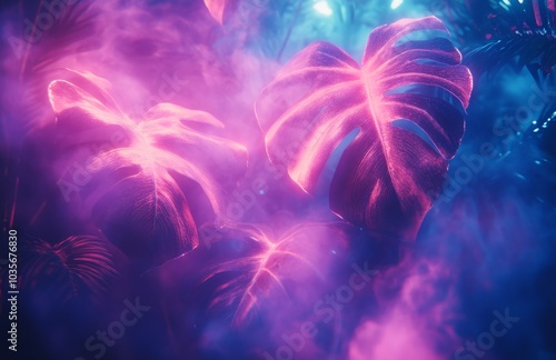 A brick wall and neon lights illuminate a room with tropical leaves and colorful smoke.