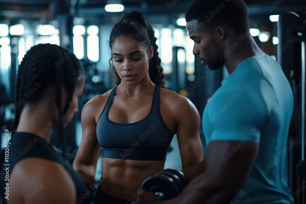 Fototapeta premium Young black woman in a gym, wearing sports top standing with the other girl and looking on the dumbbell hold by their male personal trainer. Fitness, muscles. Motivation