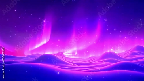 Abstract landscape of glowing purple and blue hills with aurora lights in the night sky. 4K background material for loop playback