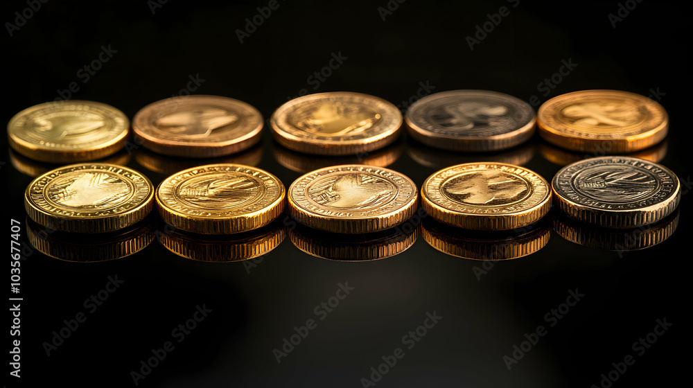 A Collection of Shimmering Gold Coins Reflecting Light on a Sleek Black Surface A Collection of Shimmering Gold Coins Reflecting Light on a Sleek Black Surface