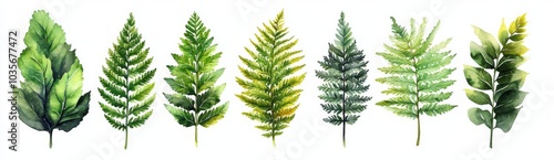 The leaves of ferns are isolated on white and illustrated with watercolor.