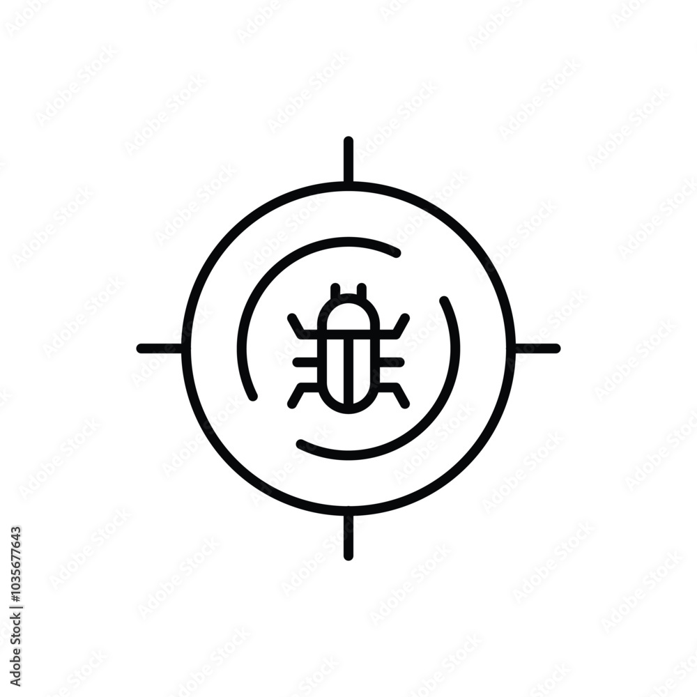 Malware bug target icon. Simple outline style. Network vulnerability, virus, malware, ransomware, fraud, spam, phishing, scam, hacker attack, IT security concept. Thin line symbol. Malware bug target icon. Simple outline style. Network vulnerability, virus, malware, ransomware, fraud, spam, phishing, scam, hacker attack, IT security concept. Thin line symbol.
