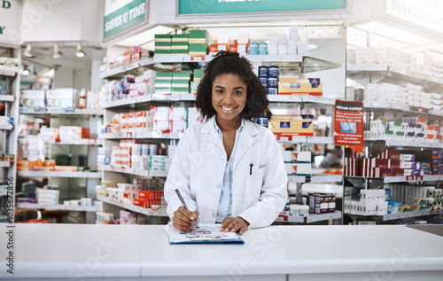Fotografija Clipboard, portrait and writing with black woman in pharmacy to dispense prescription medication