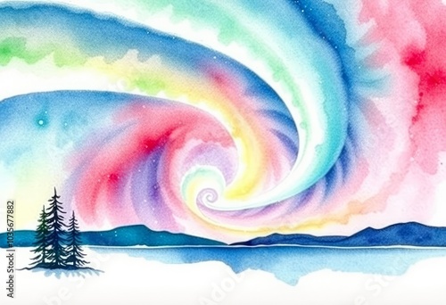 Watercolor aurora Northern lights stylized as a vibrant watercol photo