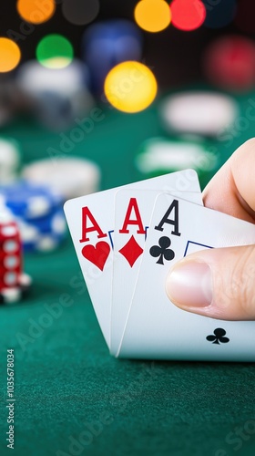 Gambler holding winning hand of three aces playing cards