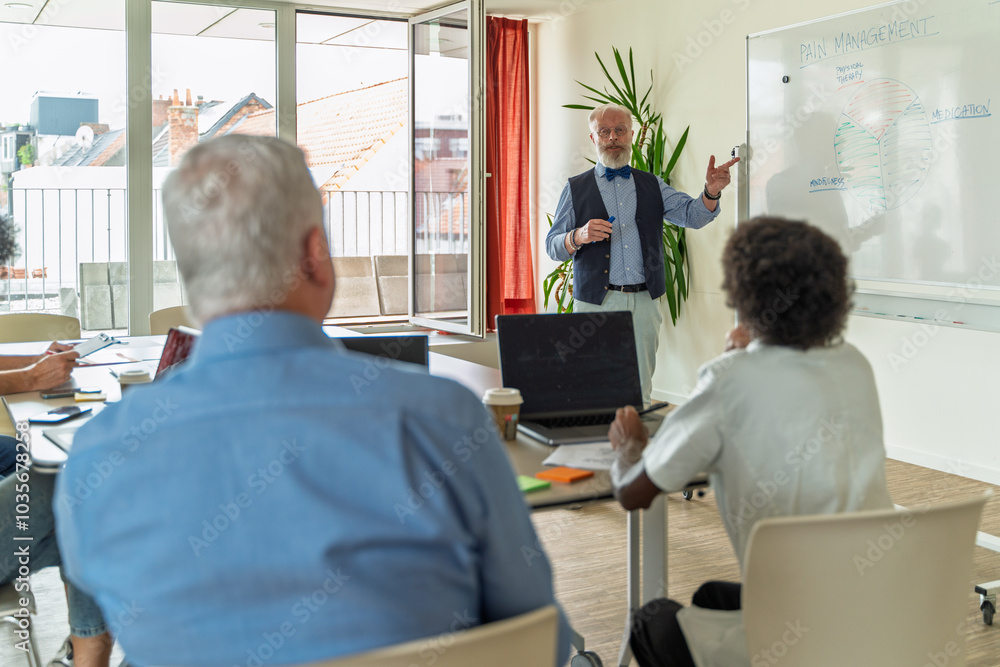Fototapeta premium Senior doctor presenting pain management strategies, medical seminar, diverse healthcare team
