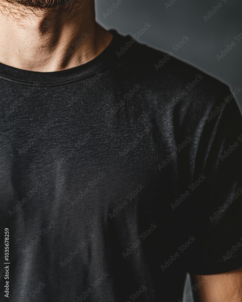Person in black shirt with blurred dark background. Person in black shirt with blurred dark background.