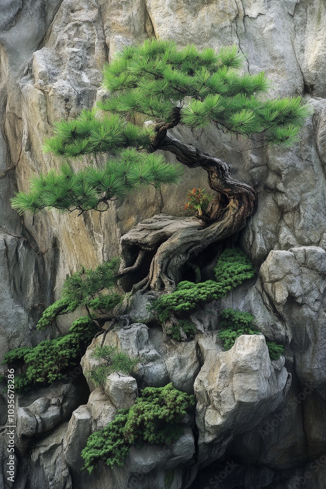Chinese Bonsai Pine Tree on Rocky Terrain Chinese Bonsai Pine Tree on Rocky Terrain