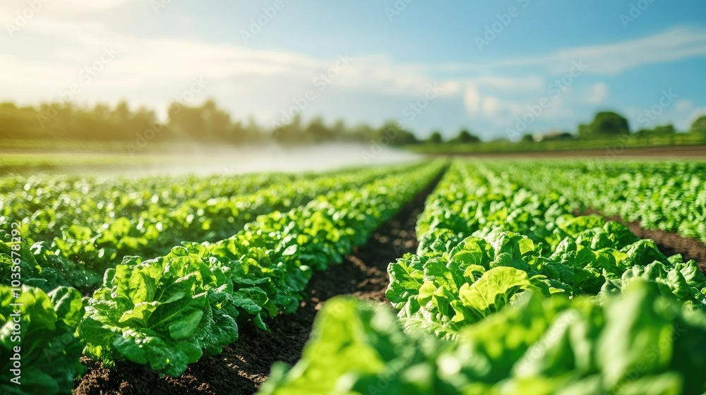 A dynamic shot of a field irrigation system watering lush rows of lettuce on farmland under a bright blue sky A dynamic shot of a field irrigation system watering lush rows of lettuce on farmland under a bright blue sky