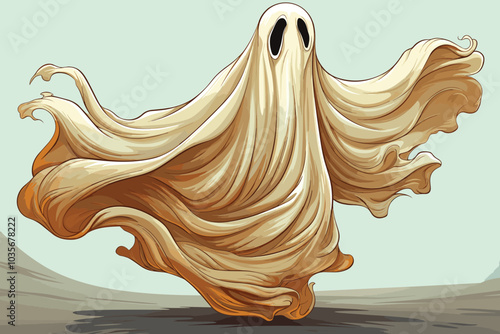 Ominous bedsheet ghost in a creepy environment. Digital illustration.