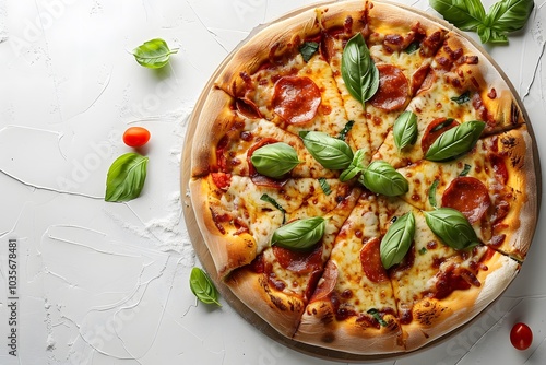 Delicious Pepperoni Pizza Topped with Fresh Basil and Cherry Tomatoes
