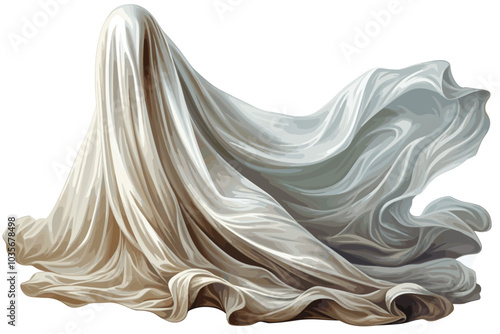 Ominous bedsheet ghost in a creepy environment. Digital illustration.