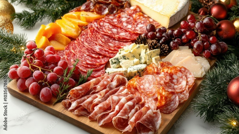 A festive charcuterie board featuring a variety of sliced meats, gourmet cheeses, and seasonal fruits for a holiday party. A festive charcuterie board featuring a variety of sliced meats, gourmet cheeses, and seasonal fruits for a holiday party.