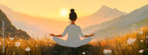 A girl meditates in the lotus position on top of an alpine hill, against the backdrop of a rising sun and mountains