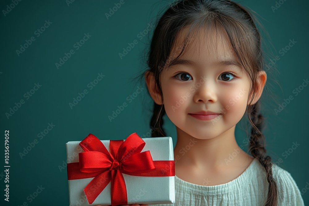 Animated child holding red gift box in Christmas and New Year concept. Child holding red gift box on white background. Animated child holding red gift box in Christmas and New Year concept. Child holding red gift box on white background.