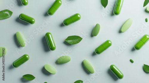 Green capsules and leaves arranged on a light surface, suggesting health and wellness.