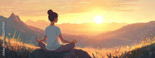 A girl meditates in the lotus position on top of an alpine hill, against the backdrop of a rising sun and mountains