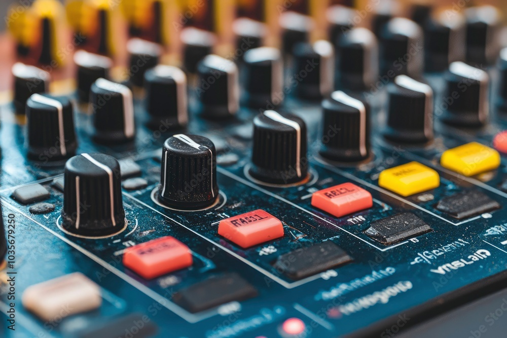 Close-up of a Black Sound Mixer with Knobs and Buttons Close-up of a Black Sound Mixer with Knobs and Buttons