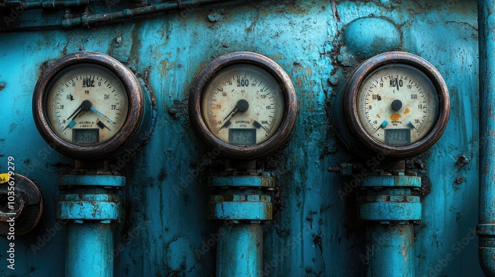 A focused image capturing the dials of three gauges attached to vivid blue pipes, highlighting their design and the industrial environment they inhabit A focused image capturing the dials of three gauges attached to vivid blue pipes, highlighting their design and the industrial environment they inhabit