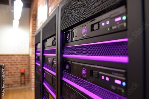 Server Racks with Purple LED Lights in a Data Center