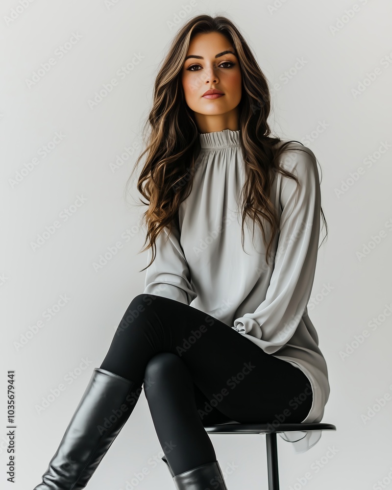 A sophisticated woman with long hair sits confidently on a stool, wearing a gray blouse and black leggings paired with knee-high boots. The image exudes elegance. A sophisticated woman with long hair sits confidently on a stool, wearing a gray blouse and black leggings paired with knee-high boots. The image exudes elegance.