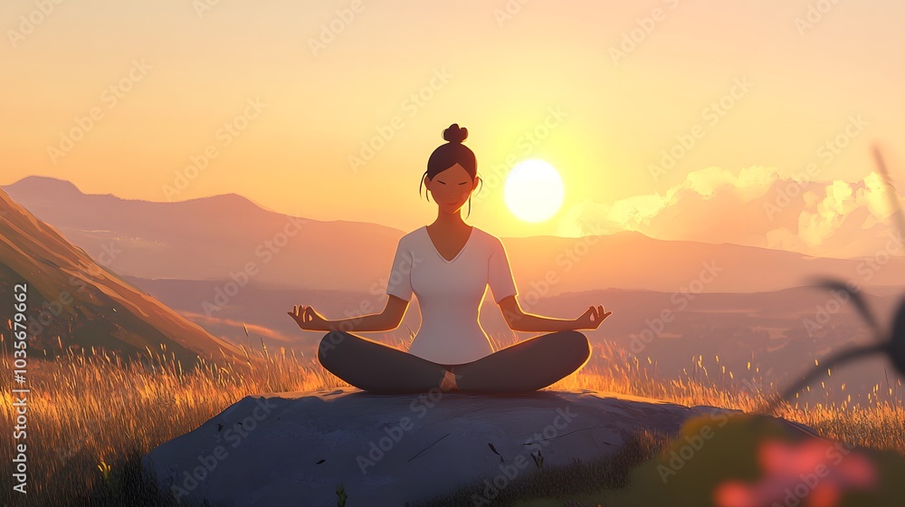 A girl meditates in the lotus position on top of an alpine hill, against the backdrop of a rising sun and mountains A girl meditates in the lotus position on top of an alpine hill, against the backdrop of a rising sun and mountains