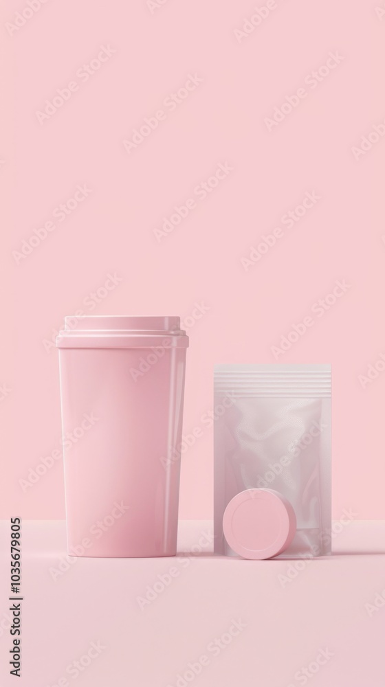 Minimalist Pink Can and Beige Bag on Soft Background Minimalist Pink Can and Beige Bag on Soft Background