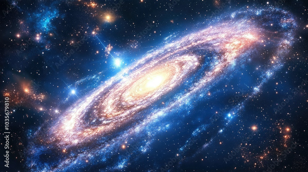 A glowing blue spiral galaxy in deep space, surrounded by a halo of bright stars and cosmic light trails A glowing blue spiral galaxy in deep space, surrounded by a halo of bright stars and cosmic light trails