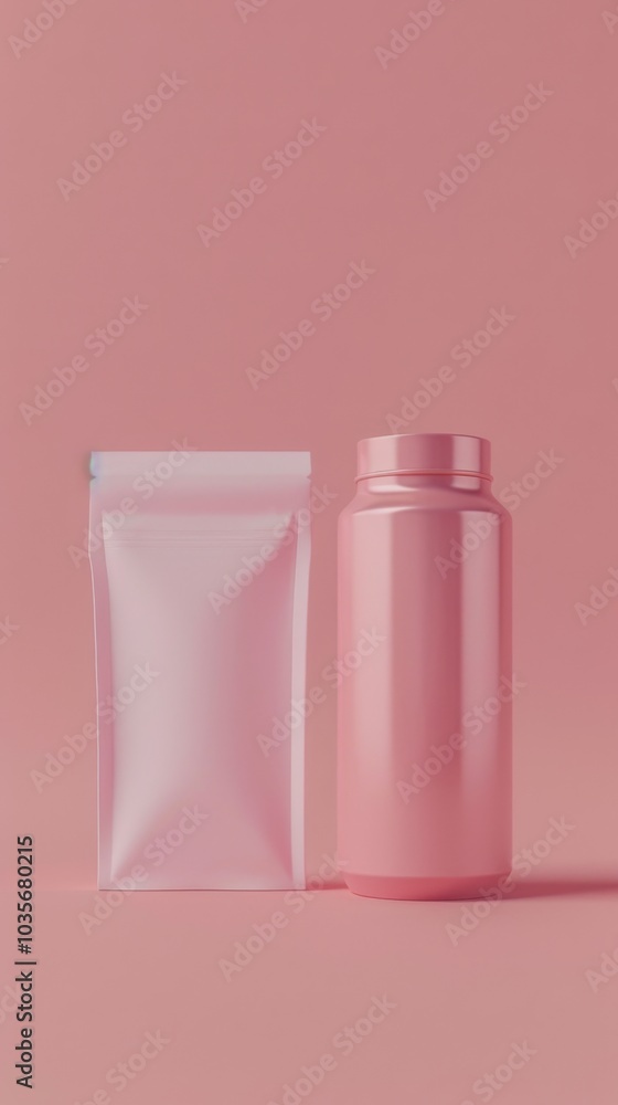 Minimalist Pink Can and Beige Bag on Soft Background Minimalist Pink Can and Beige Bag on Soft Background
