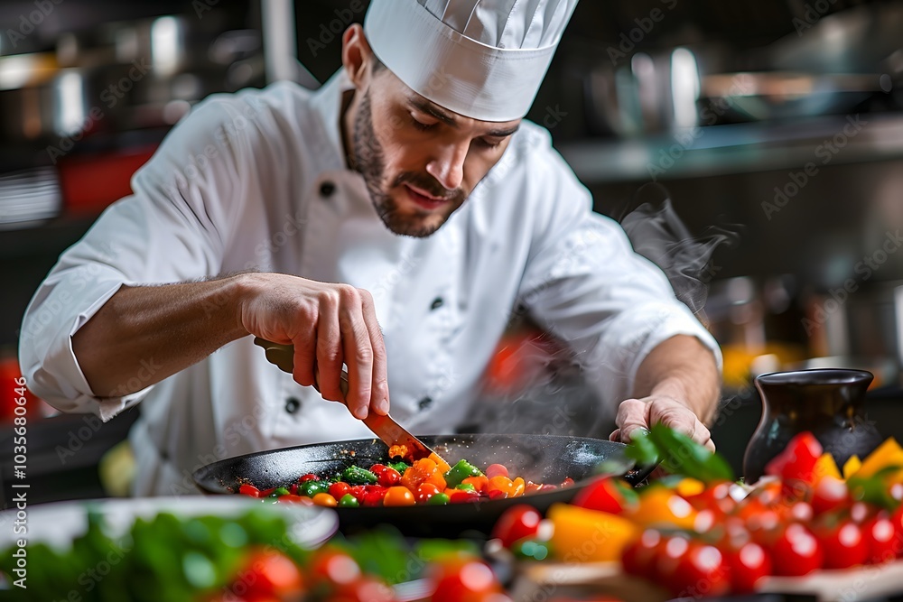 Chef Skillfully Preparing a Colorful Vegetable Dish in a Professional Kitchen Chef Skillfully Preparing a Colorful Vegetable Dish in a Professional Kitchen