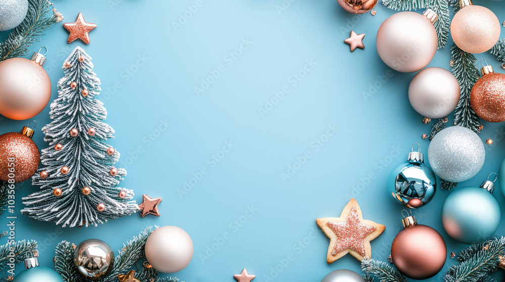 Christmas Banner. Flat lay featuring baubles, a small Christmas tree figurine, and a star-shaped cookie arrangement in the border frame of a pastel color background Christmas Banner. Flat lay featuring baubles, a small Christmas tree figurine, and a star-shaped cookie arrangement in the border frame of a pastel color background