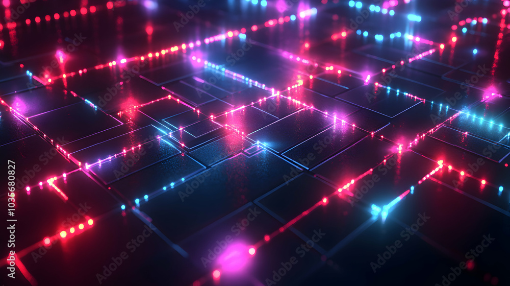 Digital Rendering of Illuminated Circuit Paths in a Futuristic Technology Concept Digital Rendering of Illuminated Circuit Paths in a Futuristic Technology Concept