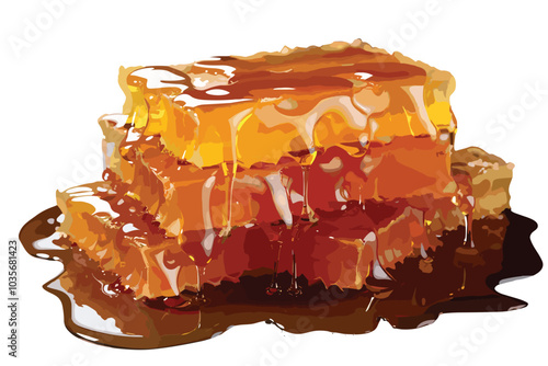 Honeycomb with honey in closeup on white background