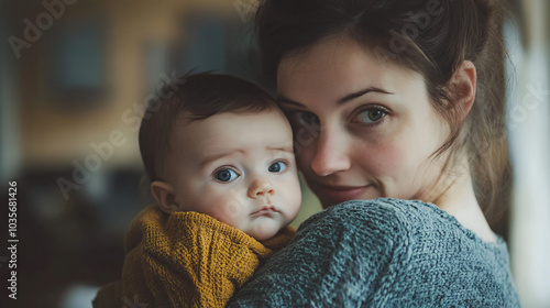 Caucasian mother holding her infant baby in her arms affectionately photo