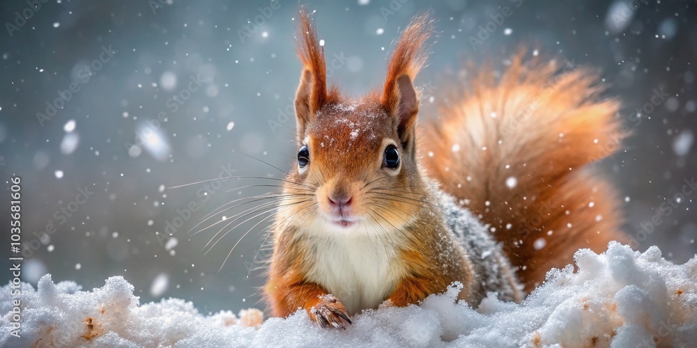 Cute Red Squirrel in Falling Snow - Macro Photography of Winter Wildlife Cute Red Squirrel in Falling Snow - Macro Photography of Winter Wildlife