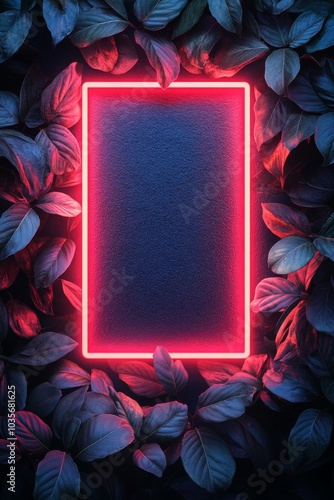 Stock layout with neon golden frame and green leaves background. A warm, ambient light mood. Copy space for party invitations, posters, banners, or sale advertisements. Floral concept template.