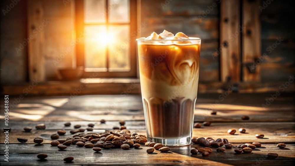 A refreshing iced coffee beverage with a creamy topping, scattered coffee beans, and sunbeams illuminating a rustic wooden table. A refreshing iced coffee beverage with a creamy topping, scattered coffee beans, and sunbeams illuminating a rustic wooden table.