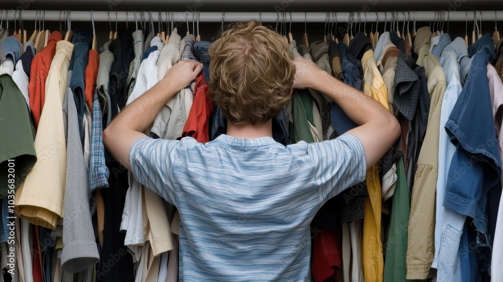 Man choosing an outfit from a crowded wardrobe filled with colorful clothing, AI Man choosing an outfit from a crowded wardrobe filled with colorful clothing, AI