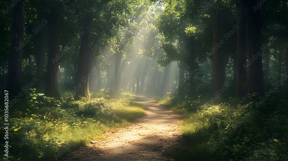 Fototapeta premium Sunlit Forest Pathway Surrounded by Majestic Trees in a Lush Green Landscape