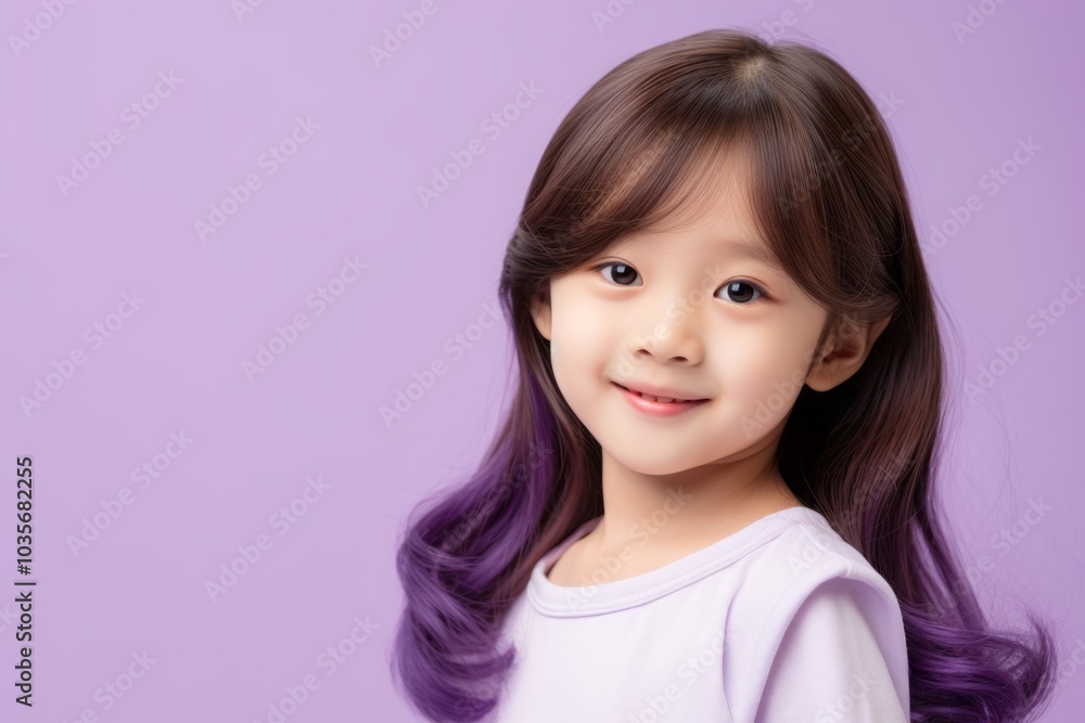Portrait of beautiful asian little girl with long hair on purple background Portrait of beautiful asian little girl with long hair on purple background