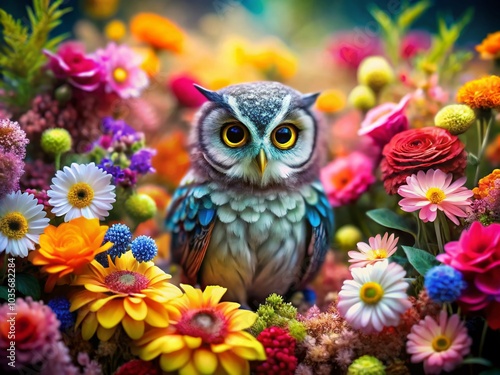 Cute Watercolor Owl with Flowers - A Tilt-Shift Photography Delight for Nature Lovers