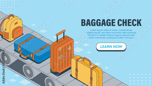 Baggage check isometric poster. Luggage at conveyor belt. Transportation, travel and tourism. Holiday and vacation. Landing webpage design. Linear vector illustration