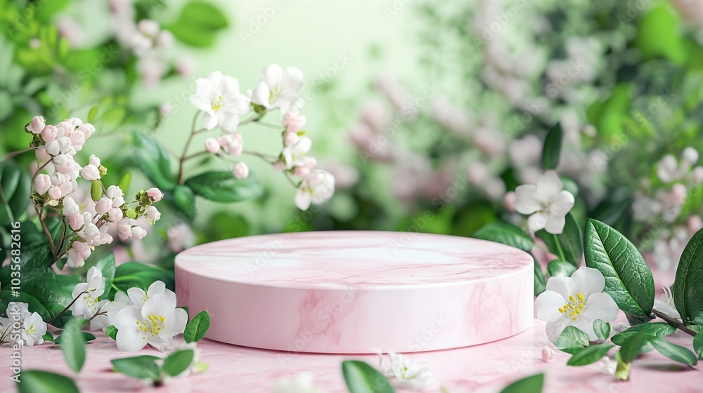 Delicate pink product podium surrounded by blooming white flowers and lush green leaves, creating a soft, romantic spring-inspired display for cosmetics. Delicate pink product podium surrounded by blooming white flowers and lush green leaves, creating a soft, romantic spring-inspired display for cosmetics.